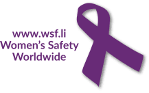 A purple ribbon with the words " roswell women 's safety worldwide."